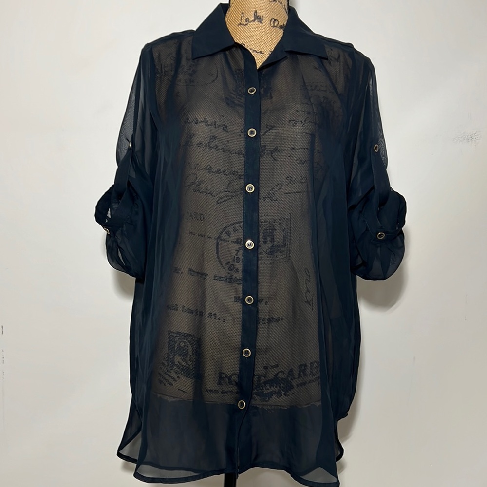 QC-QUEEN COLLECTION || Sheer Black Button Down Shirt. Sz. XS